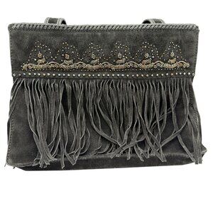 Cripple Creek Fringe Leather Shoulder Bag Black Beaded Studded Double Handles